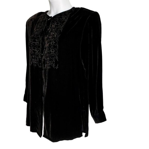Annie Alexander Women's Black Velvety Embellished Button-Down Blouse Medium - Picture 5 of 11